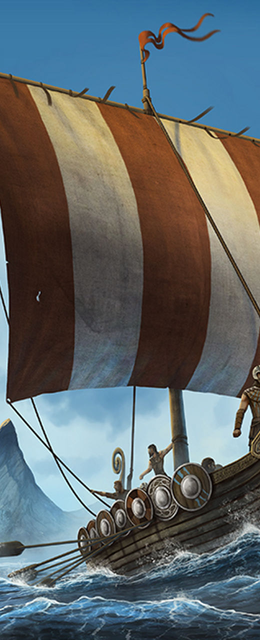 Viking ship sailing through rocky fjord