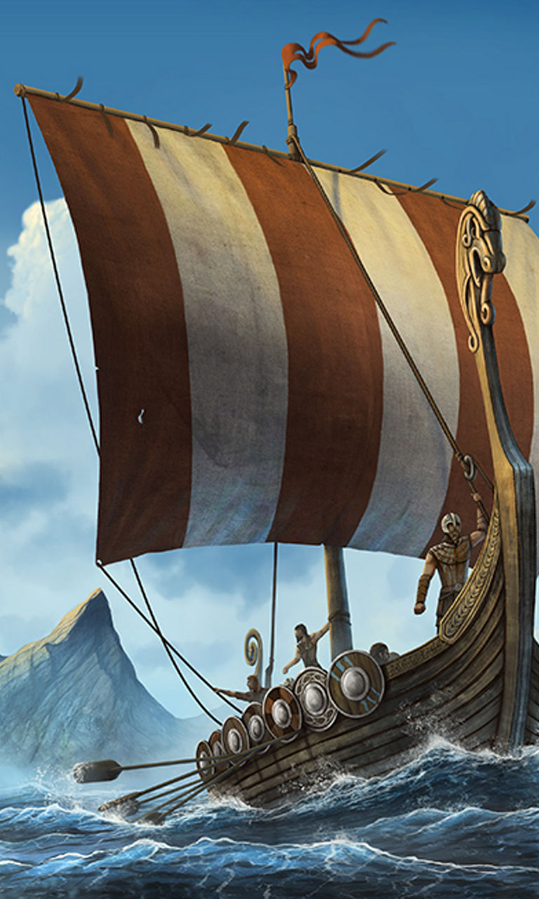 Viking ship sailing through rocky fjord