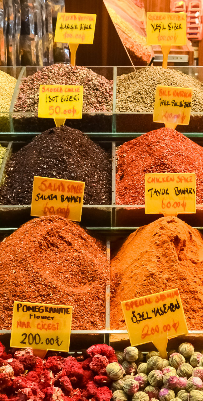 Colorful spice market with labeled varieties