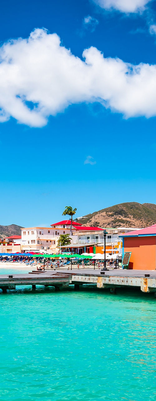 Tropical marina with vibrant waterfront buildings