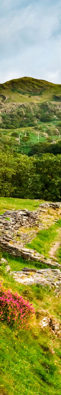 Historic stone castle in lush green valley