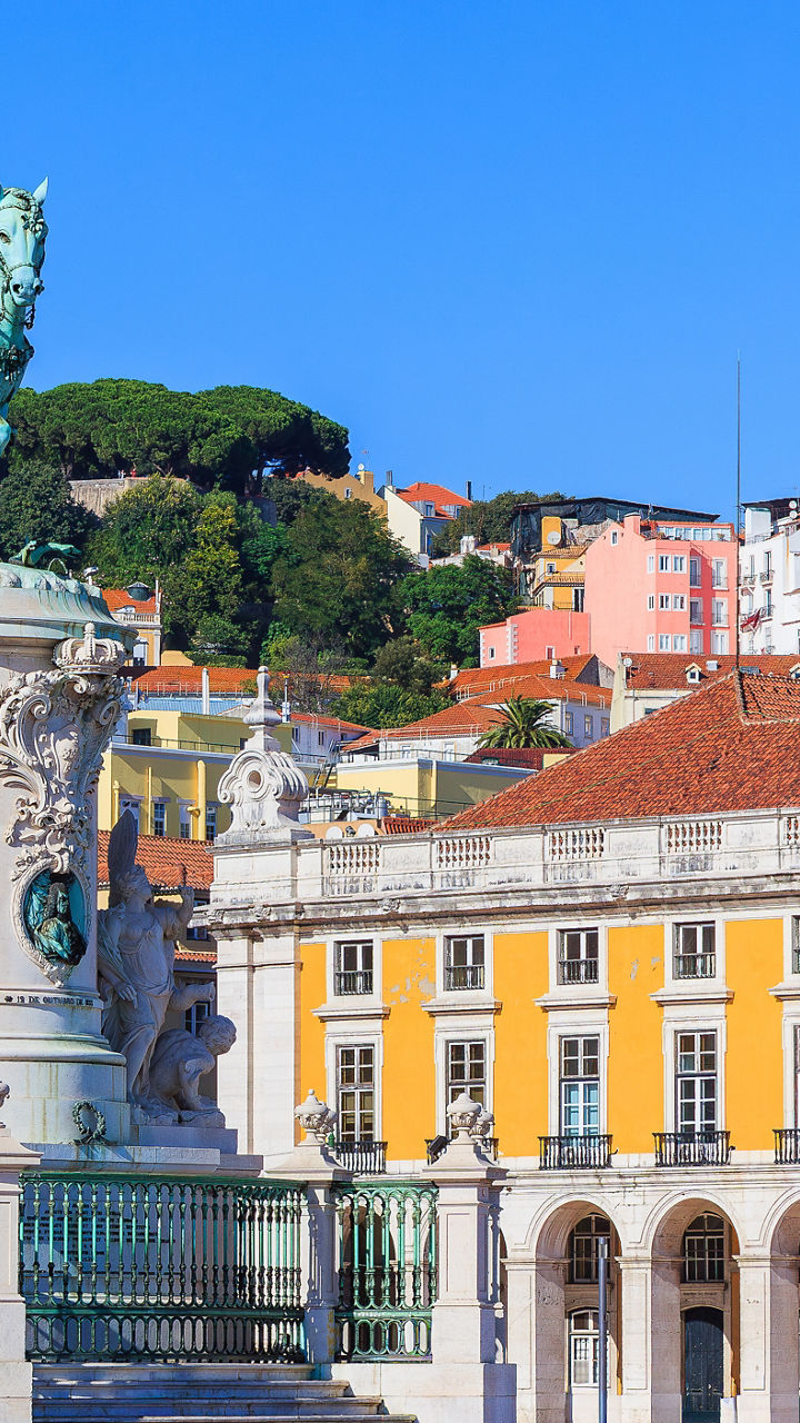 Equestrian statue in sunny European square