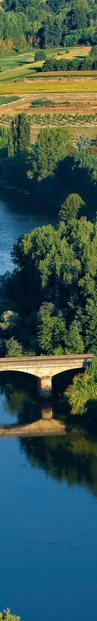 Scenic river with stone bridge and farmland