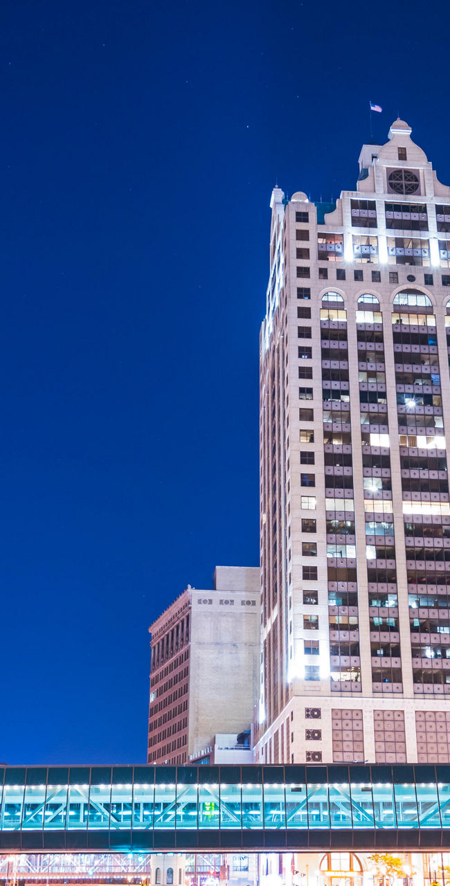 Downtown cityscape with illuminated buildings