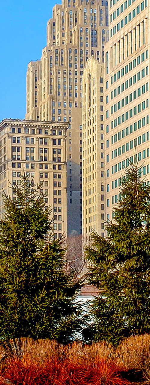 Urban skyline with elevated monorail track