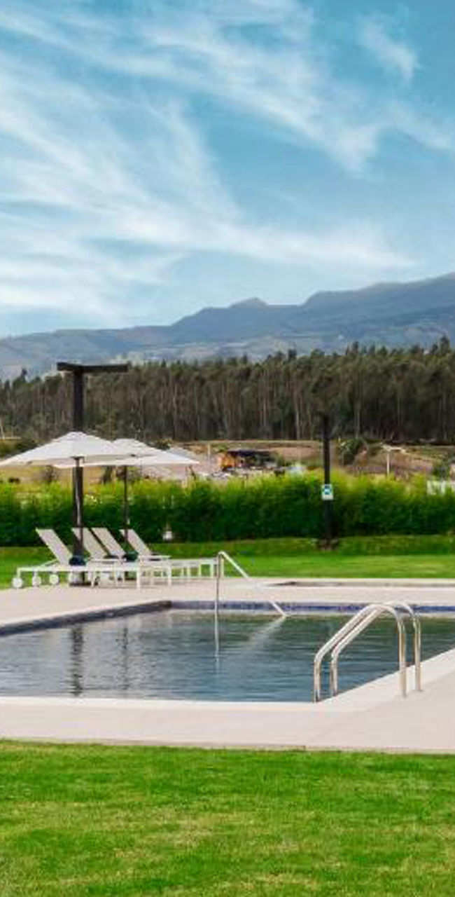Modern outdoor swimming pool with mountain view