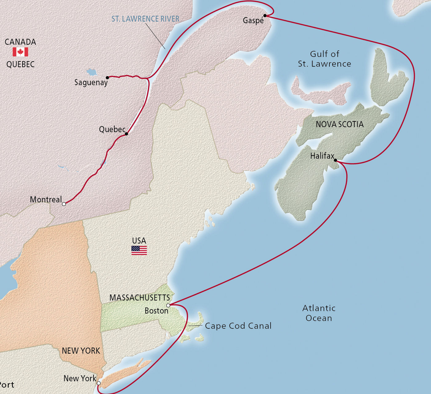 Map of Eastern Seaboard Explorer itinerary
