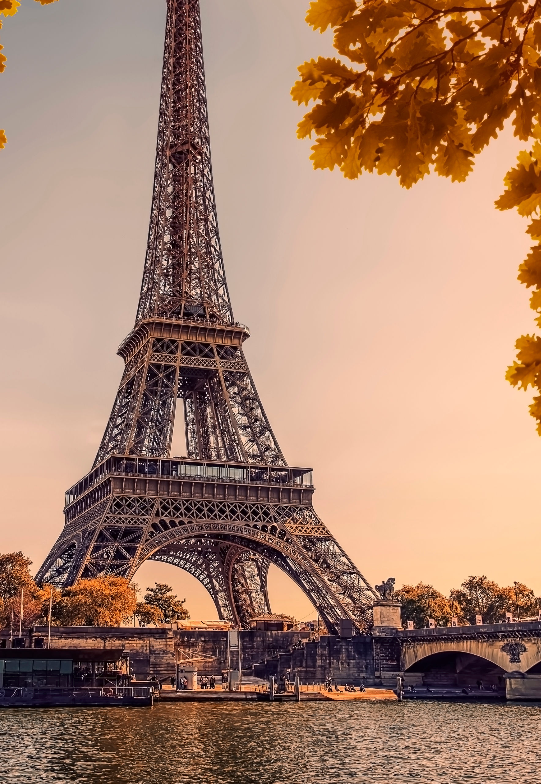 Eiffel Tower at sunset with autumn trees