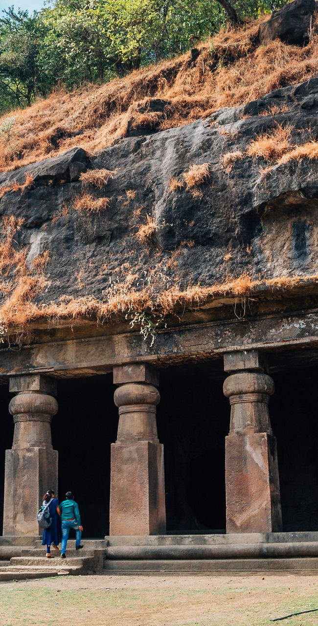 Ancient rock-cut cave temple in lush setting