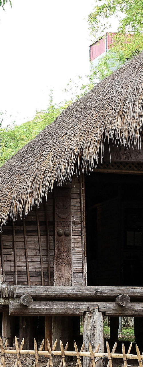 Traditional wooden stilt house in lush setting