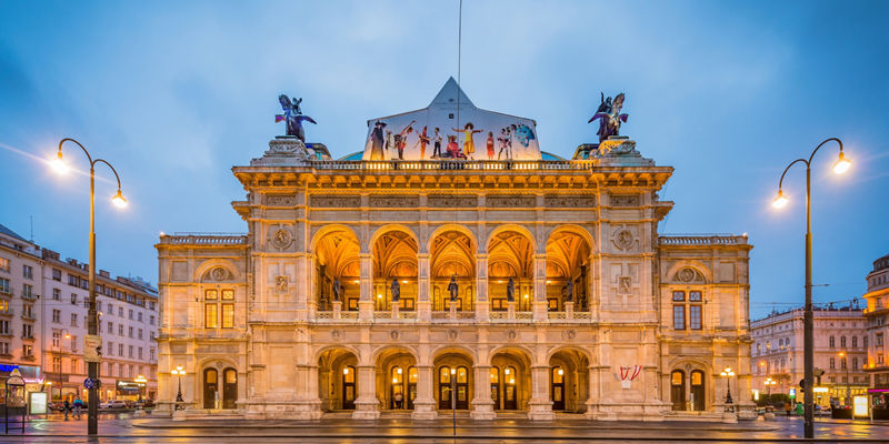Vienna State Opera illuminated at dusk