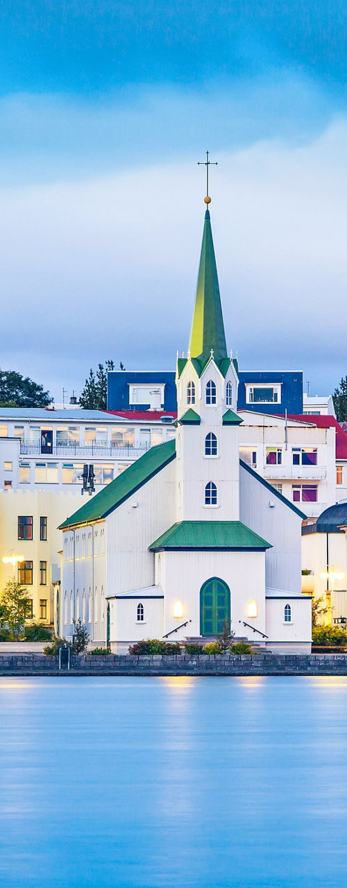 Scenic view of Reykjavik cityscape at dusk