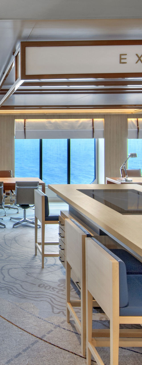 Modern expedition lounge with ocean view