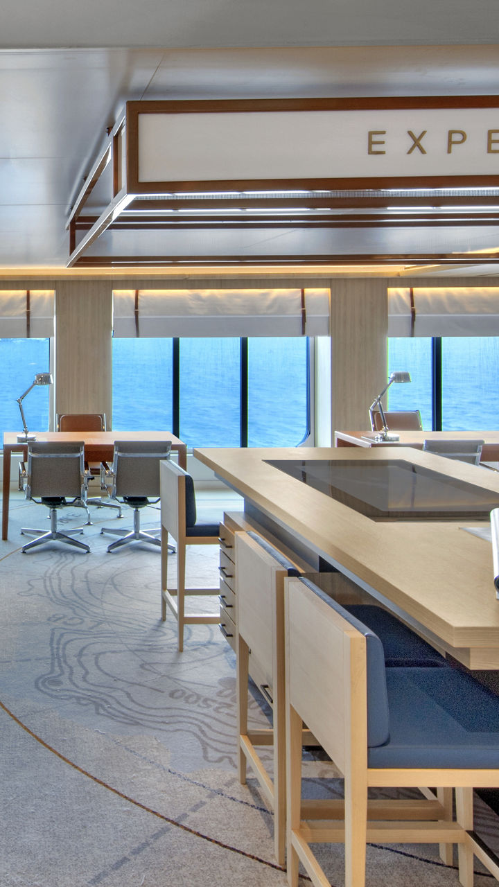 Modern expedition lounge with ocean view