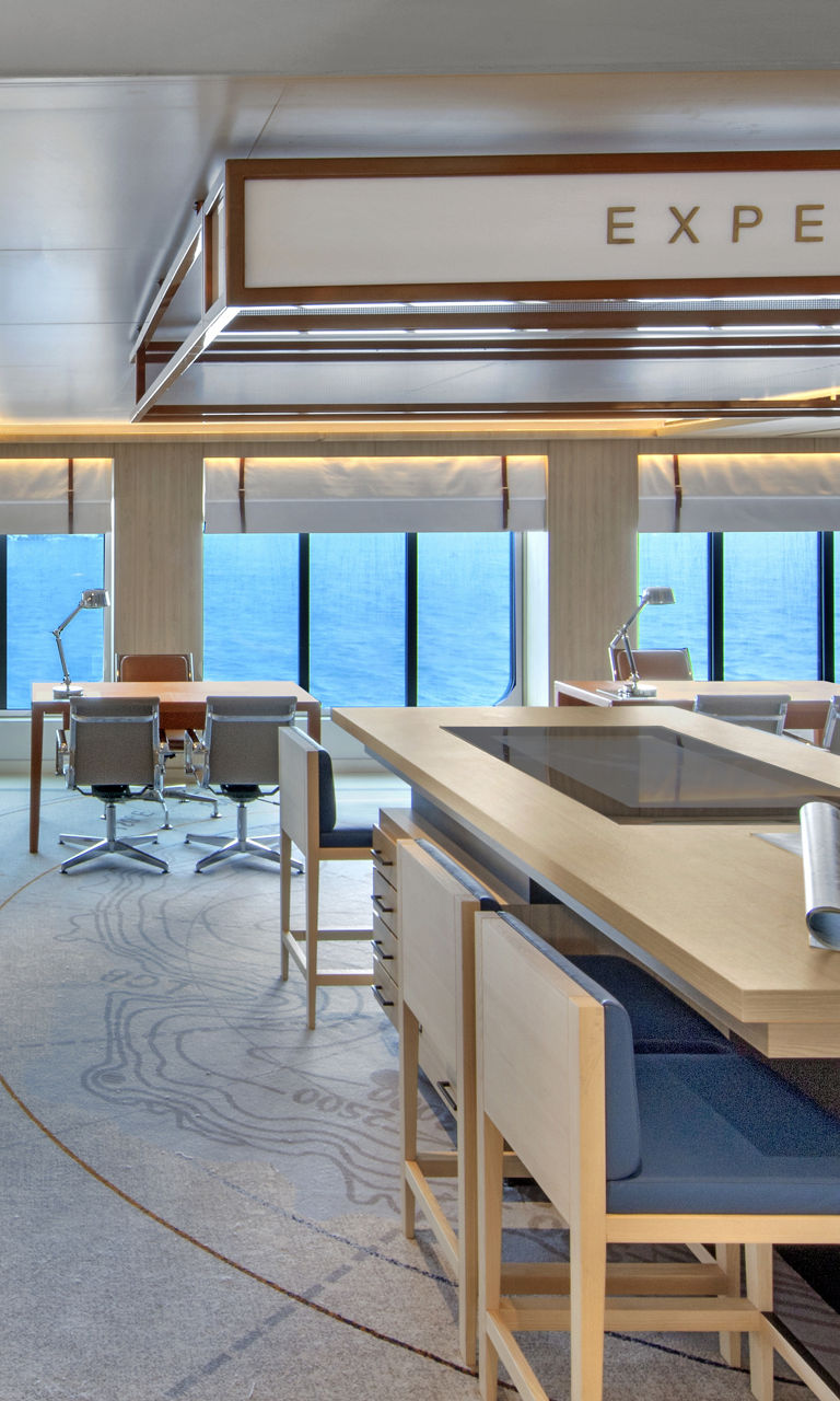 Modern expedition lounge with ocean view