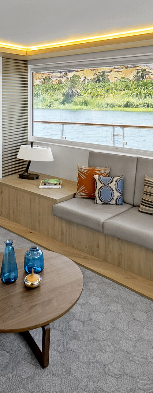 Modern yacht interior with scenic river view
