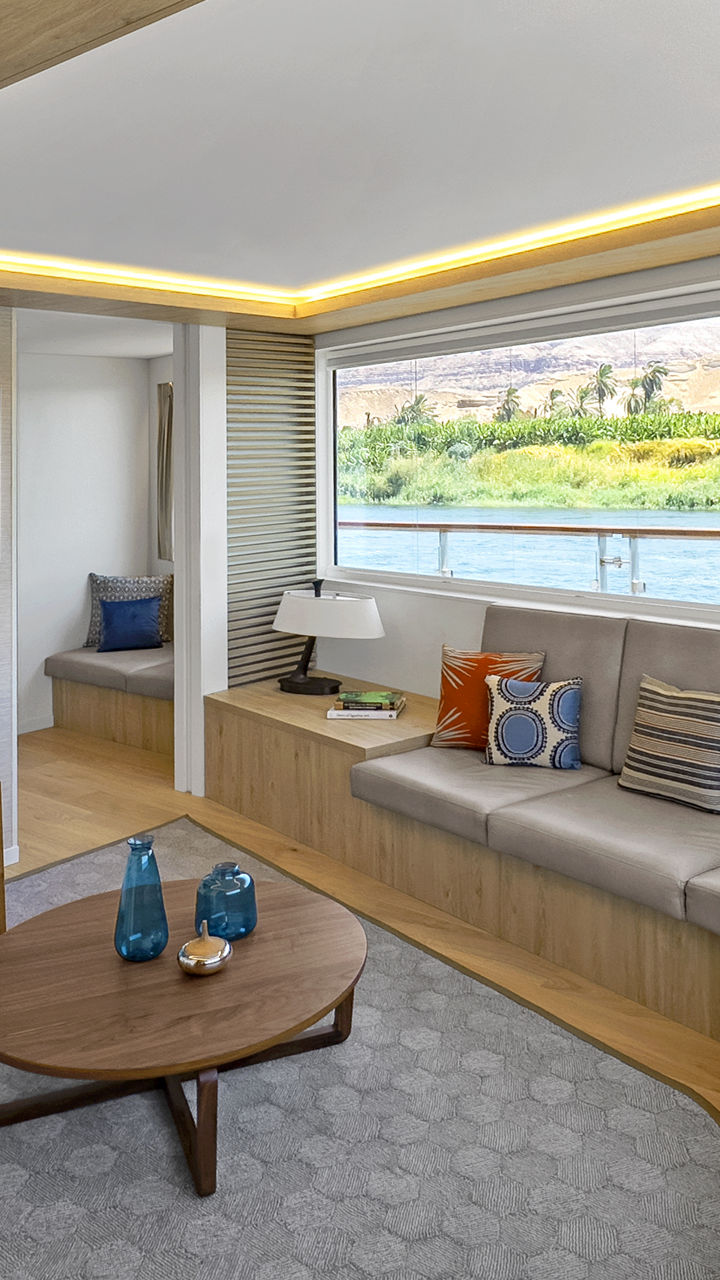 Modern yacht interior with scenic views