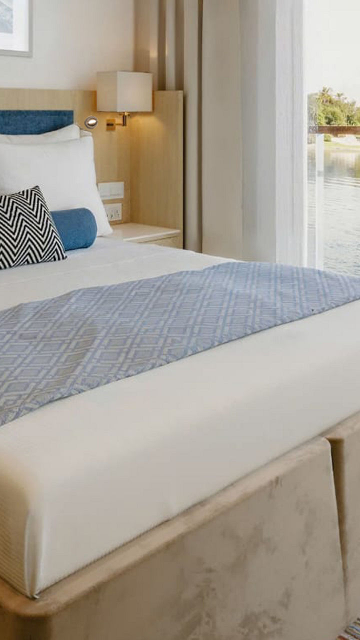 Modern riverside hotel room with scenic view