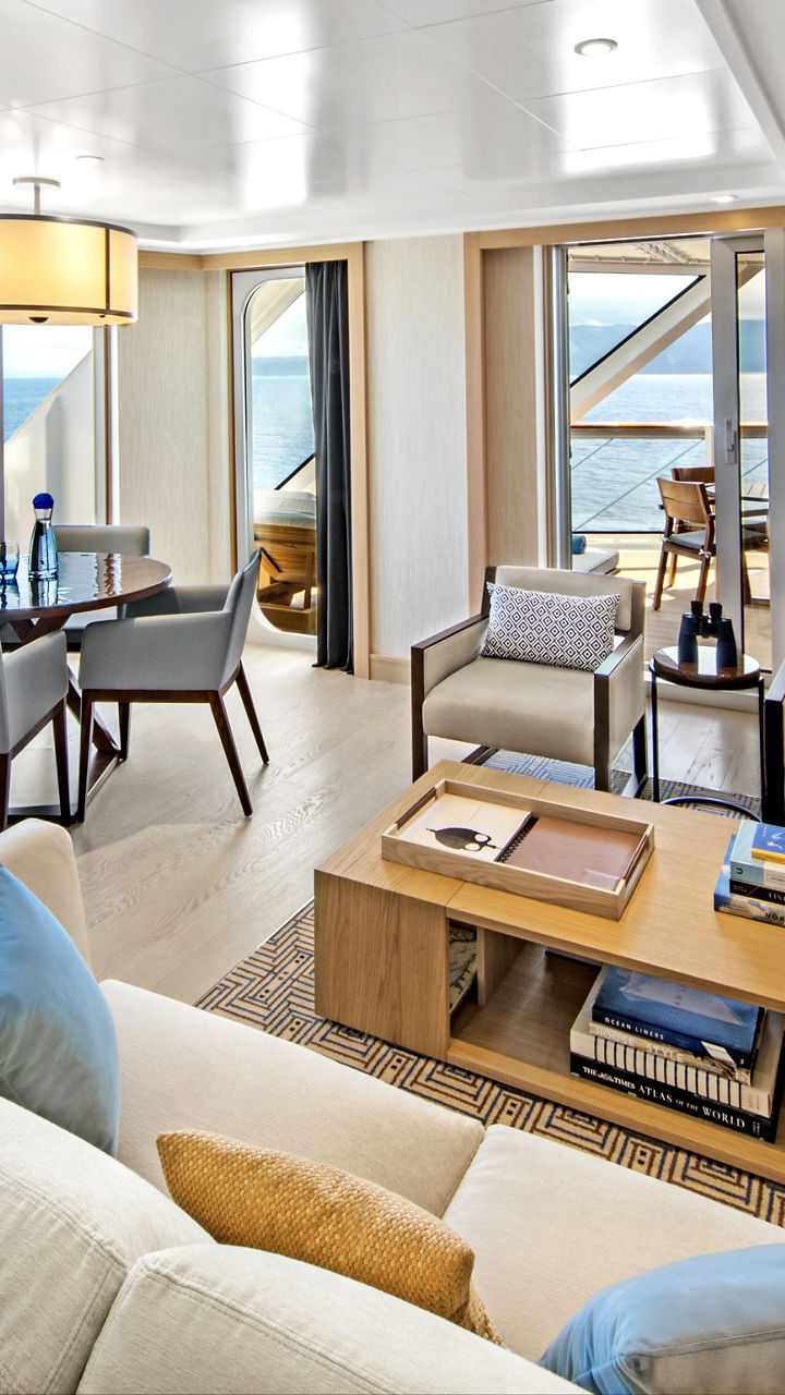 Modern ocean-view suite with elegant decor