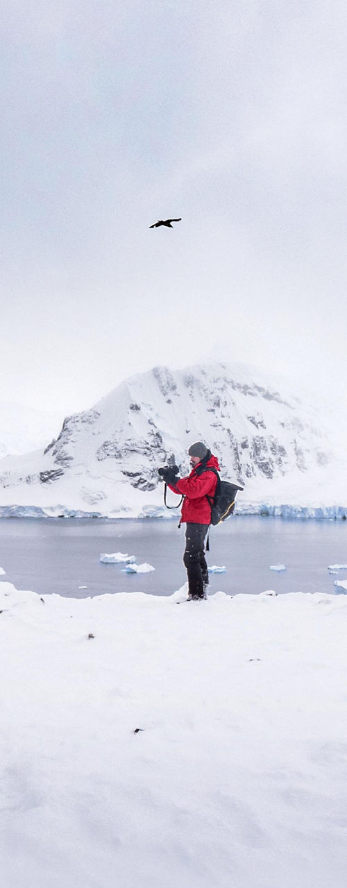 Person in red jacket on snowy landscape