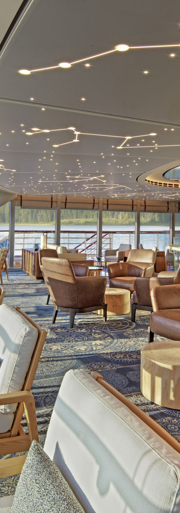 Elegant lounge with panoramic windows and starry ceiling