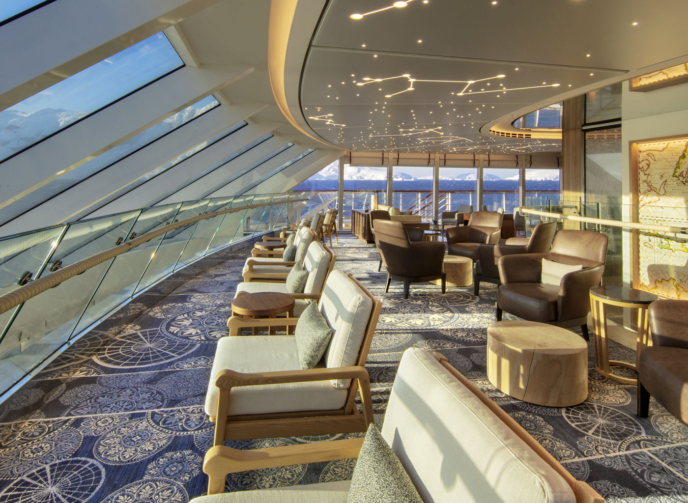 Modern lounge with panoramic ocean views
