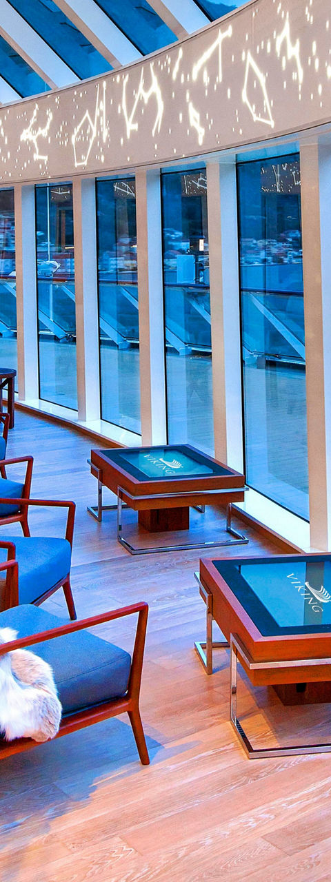 Luxury cruise ship lounge with scenic views