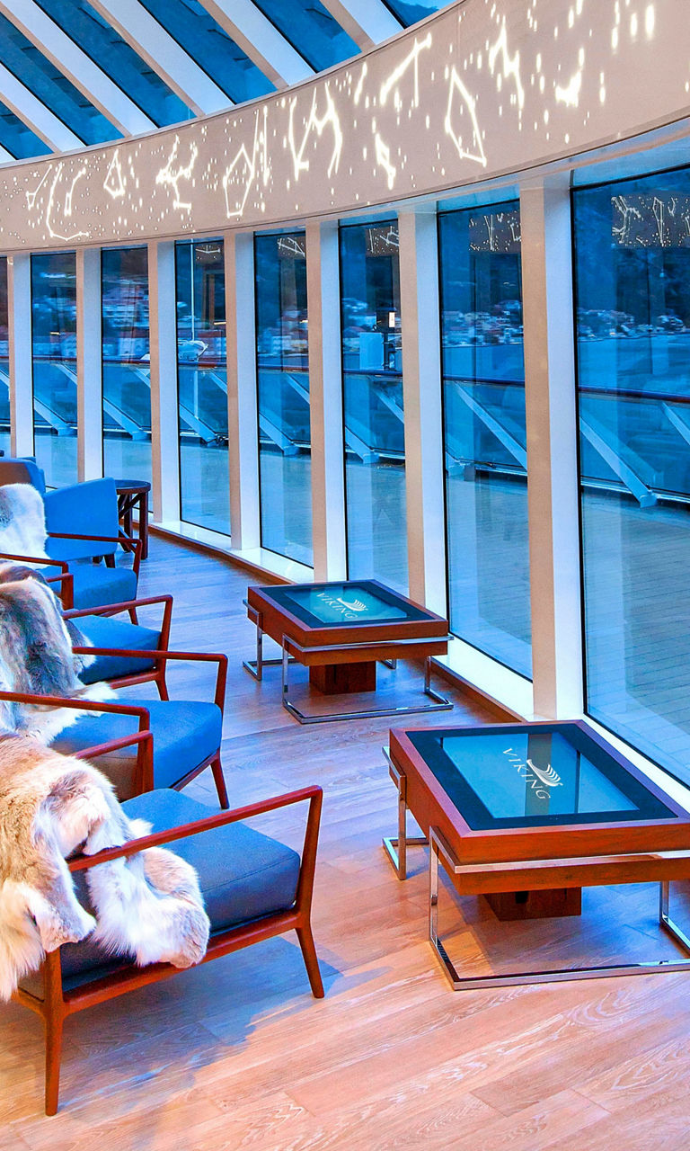 Luxury cruise ship lounge with scenic views