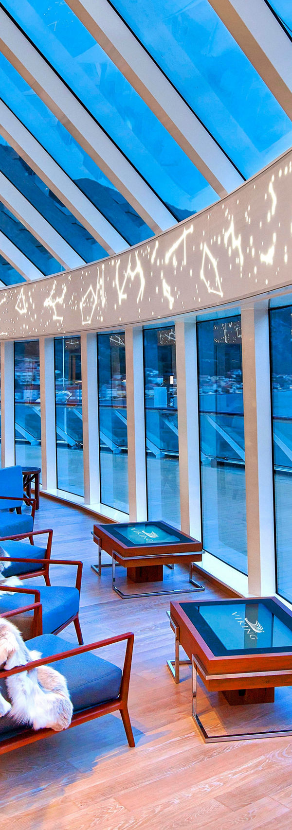 Luxury cruise ship lounge with scenic views