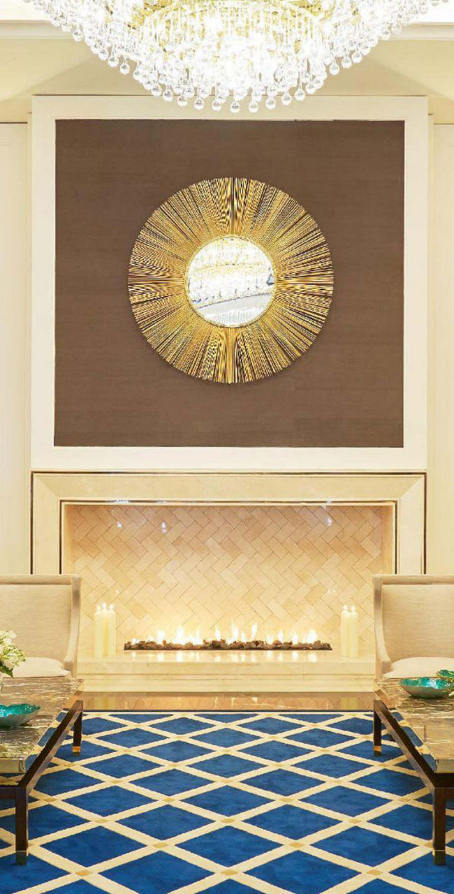 Elegant hotel lounge with chandelier lighting