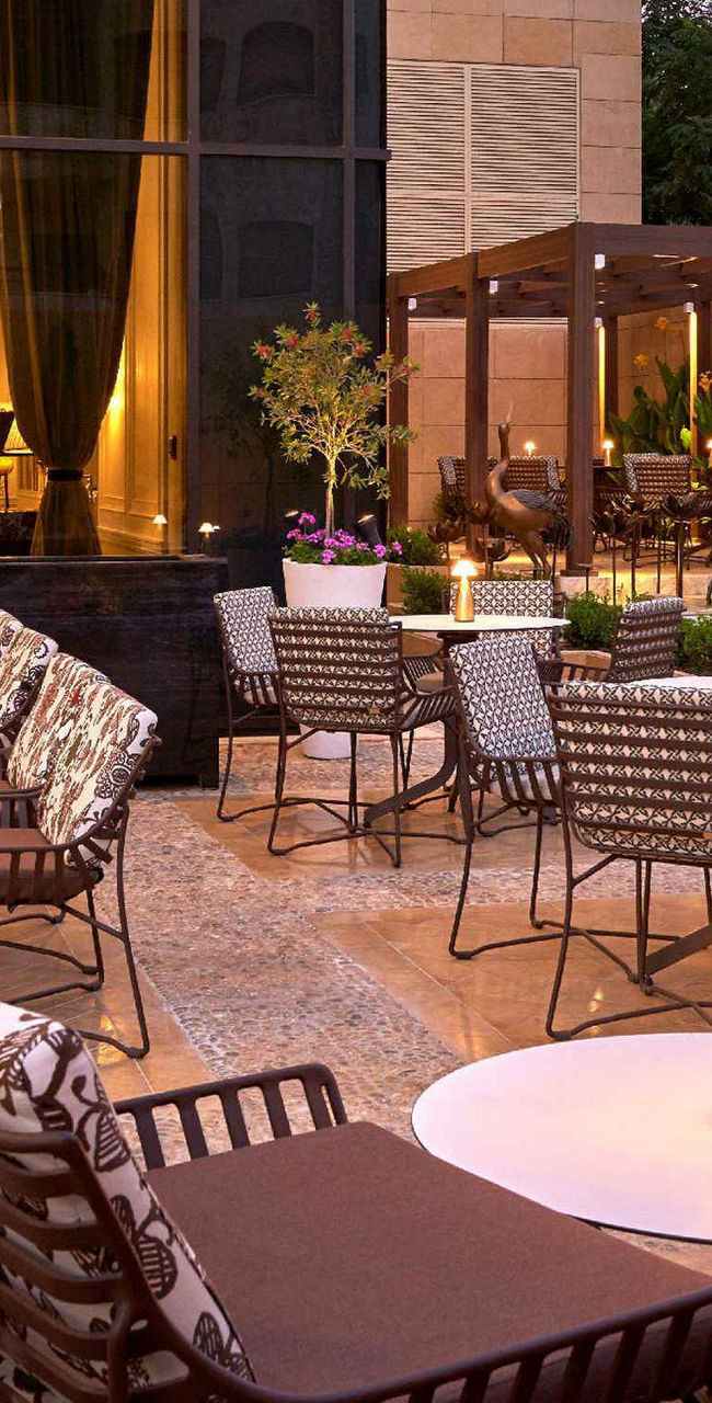 Elegant outdoor patio with evening lighting
