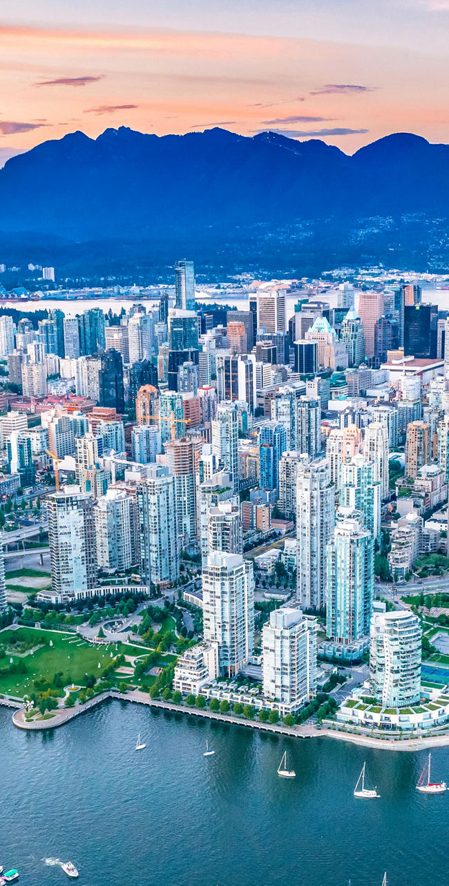Aerial view of Vancouver cityscape at sunset