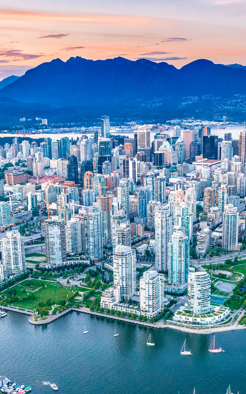 Aerial view of Vancouver cityscape at sunset