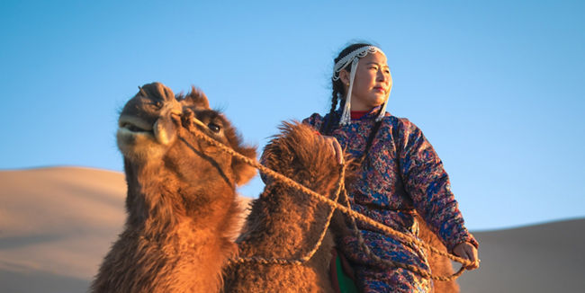 Person riding camels in desert landscape