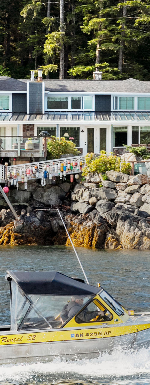 Speedboat near waterfront cabin with flag