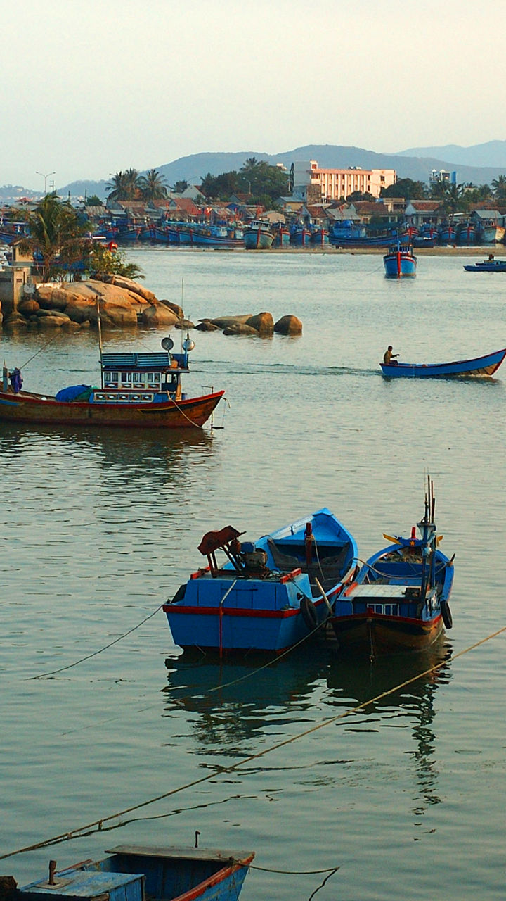 Fishing boats in serene coastal harbor