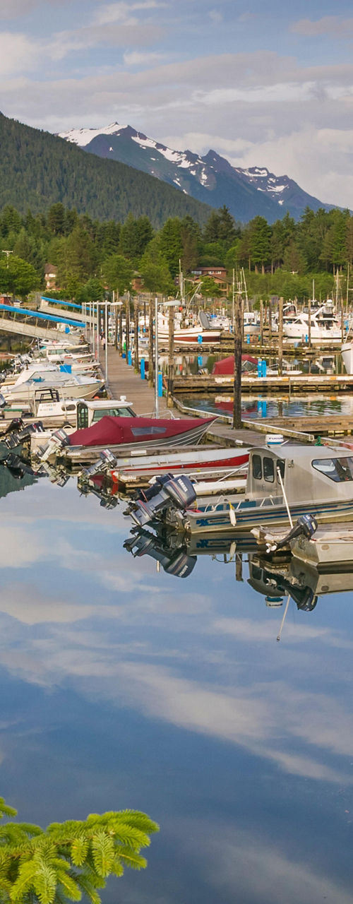 Scenic marina with boats and mountains