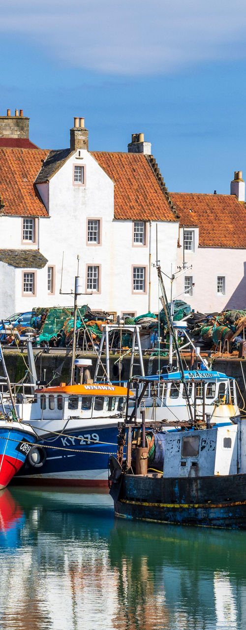 Colorful fishing boats moored in coastal harbor