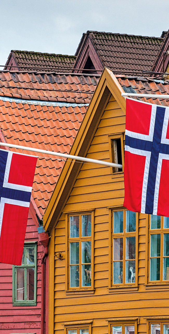 Colorful Norwegian buildings with flags