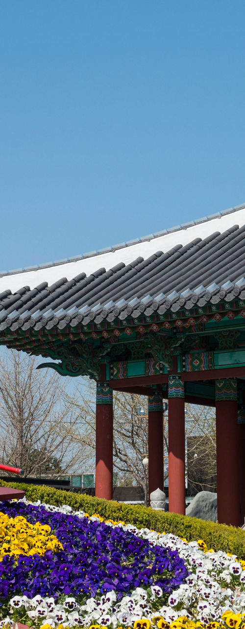 Traditional Korean pavilion with floral clock