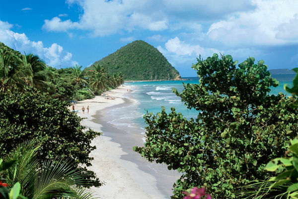 Tropical beach with lush greenery and hills