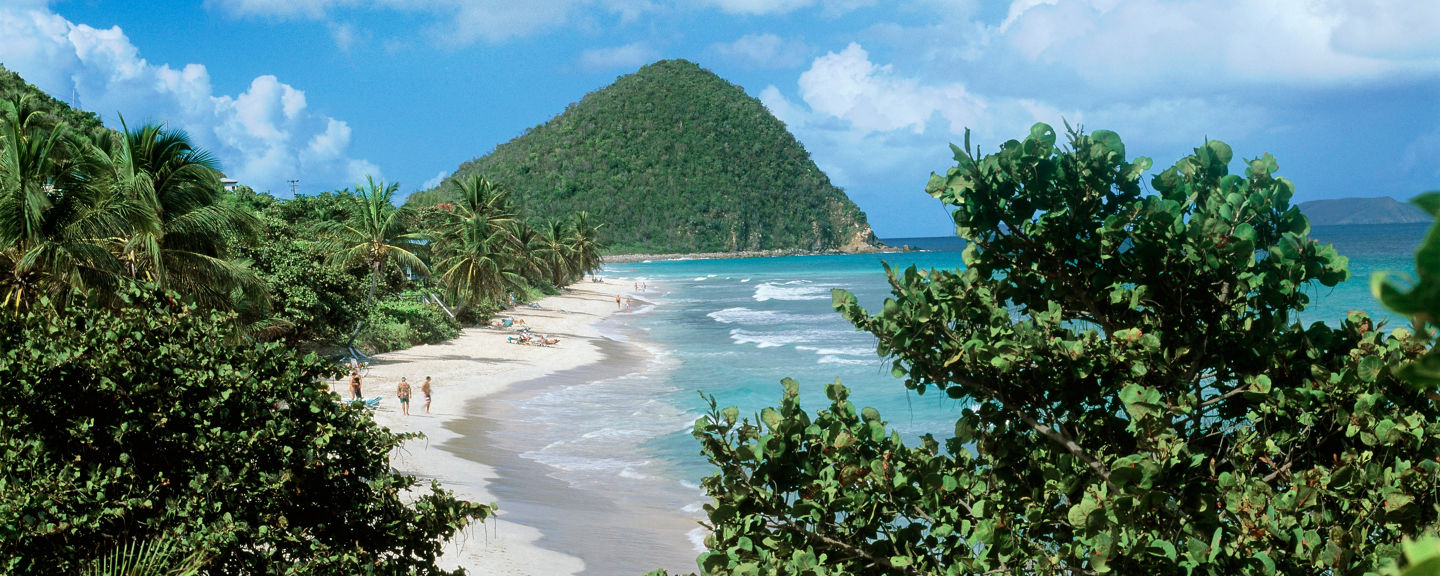 Tropical beach with lush greenery and hills