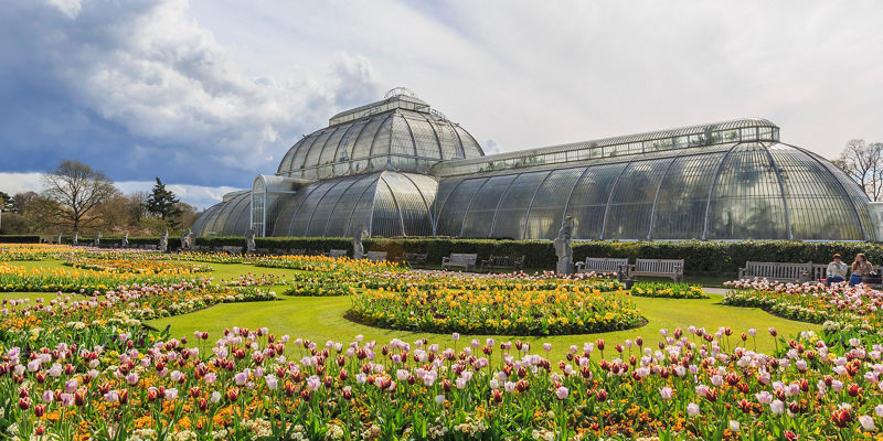 Historic glass conservatory with colorful flower beds