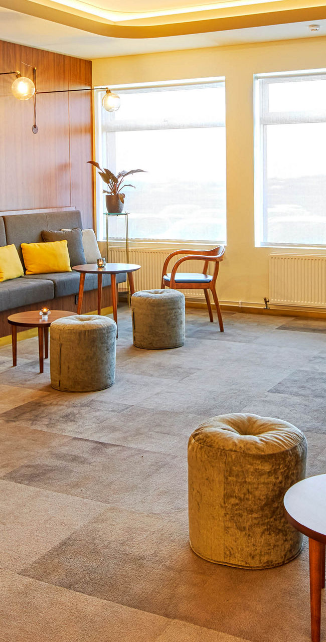 Modern lounge with warm wooden accents