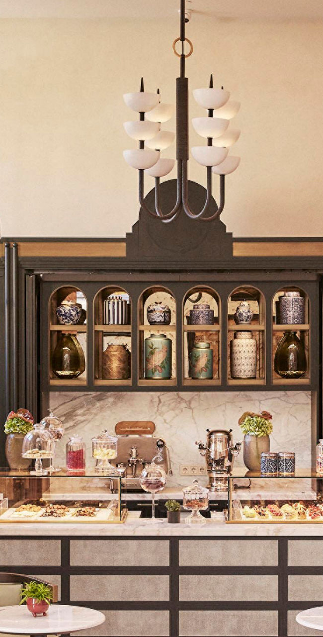 Elegant cafe interior with arched doorway