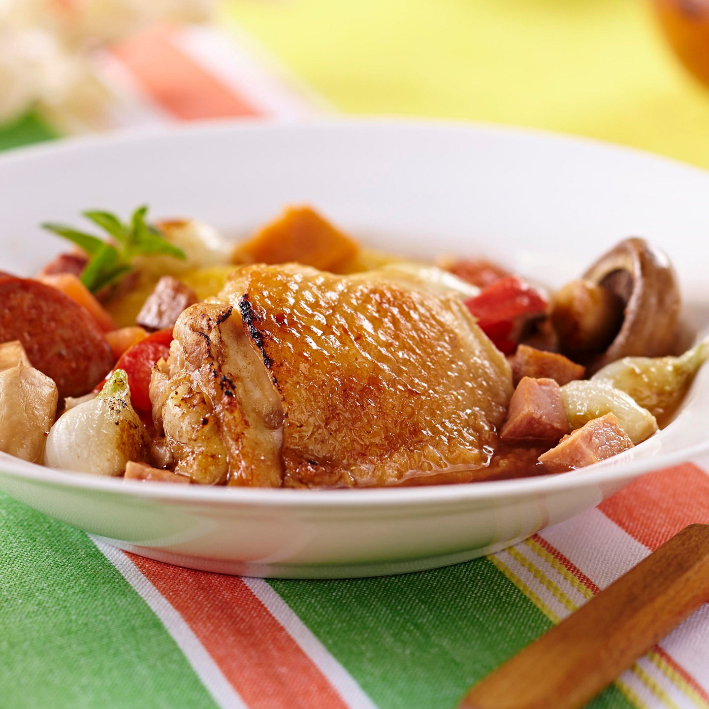 Roasted chicken with vegetables and sausage