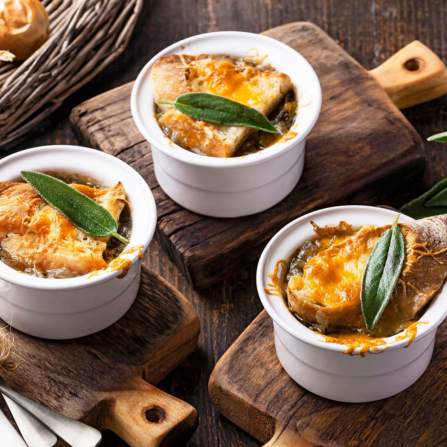 Rustic onion soup in white ramekins