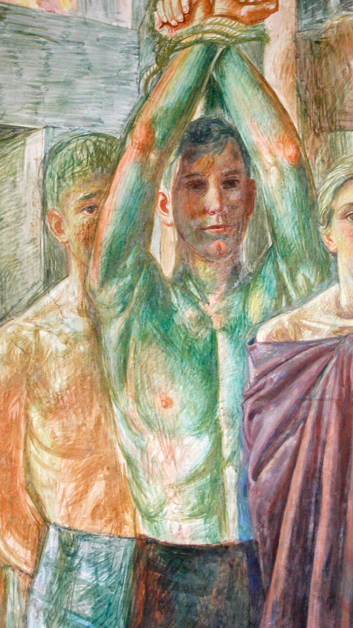 Historical mural depicting captive figures