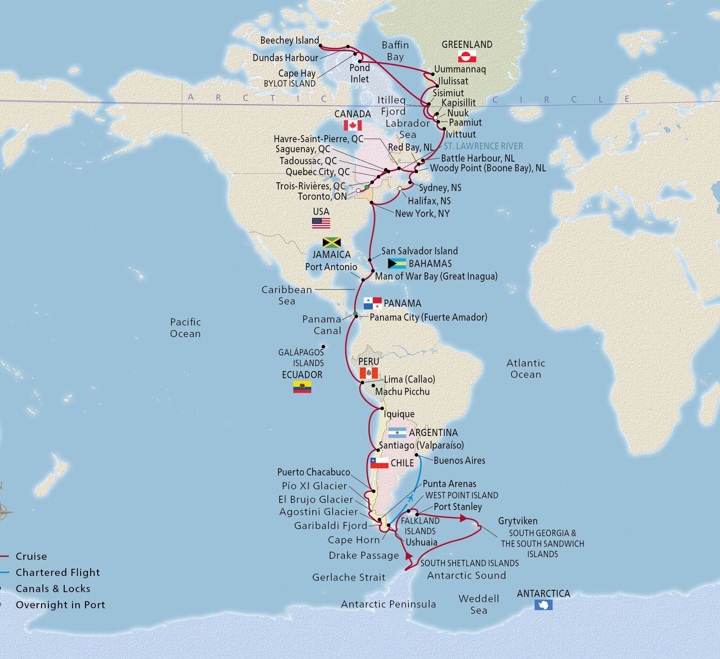 Map of From the Arctic to Antarctica itinerary
