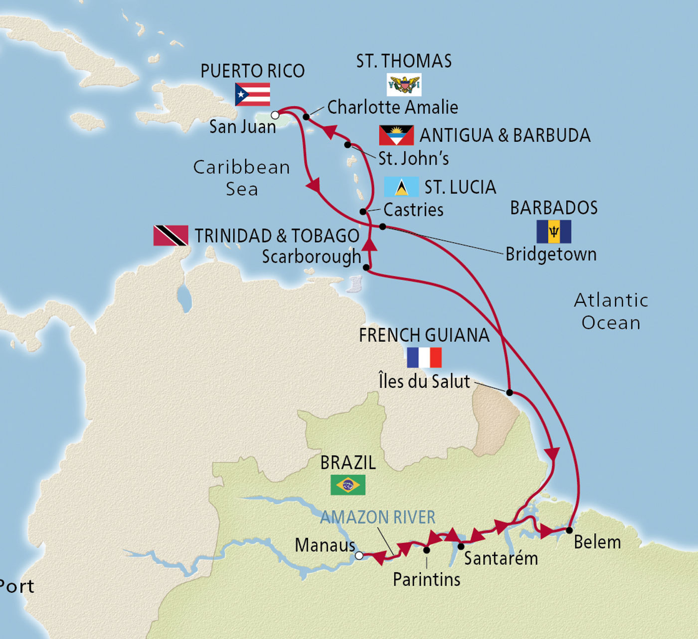 Map of From the Caribbean to the Amazon itinerary